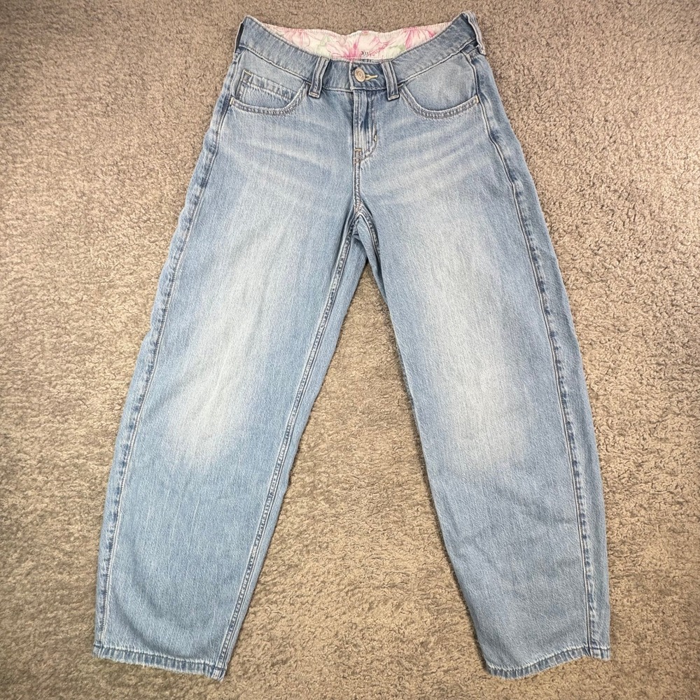 Hollister Women Light Wash Barrel Leg Faded Cotton‎ Jeans Floral Lining 28x30